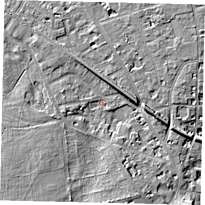 Shaded relief map of the ground around KT14EB, computed from Environment Agency LiDAR. The ground here sits at about 7 m above sea level and falls 9 m across the surrounding 800 m. Surface water reaching this point runs off ground lying to the west-south-west, 4.0 m higher.