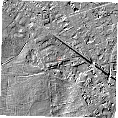 Shaded relief map of the ground around KT14ED, computed from Environment Agency LiDAR. The ground here sits at about 8 m above sea level and falls 8 m across the surrounding 800 m. Surface water reaching this point runs off ground lying to the south-west, 1.8 m higher.