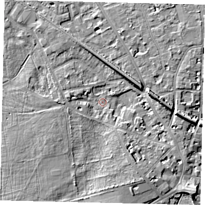 Shaded relief map of the ground around KT14EG, computed from Environment Agency LiDAR. The ground here sits at about 7 m above sea level and falls 8 m across the surrounding 800 m. Surface water reaching this point runs off ground lying to the west, 3.1 m higher.