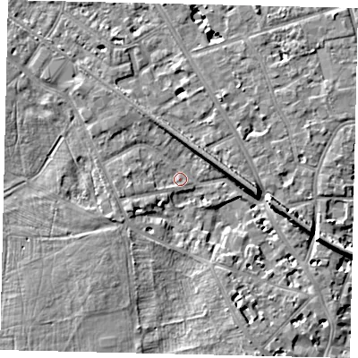 Shaded relief map of the ground around KT14EJ, computed from Environment Agency LiDAR. The ground here sits at about 8 m above sea level and falls 8 m across the surrounding 800 m. Surface water reaching this point runs off ground lying to the east-north-east, 4.1 m higher.