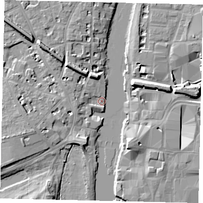 Shaded relief map of the ground around KT14EQ, computed from Environment Agency LiDAR. The ground here sits at about 6 m above sea level and falls 10 m across the surrounding 800 m. Surface water reaching this point runs off ground lying to the west-north-west, 4.5 m higher.