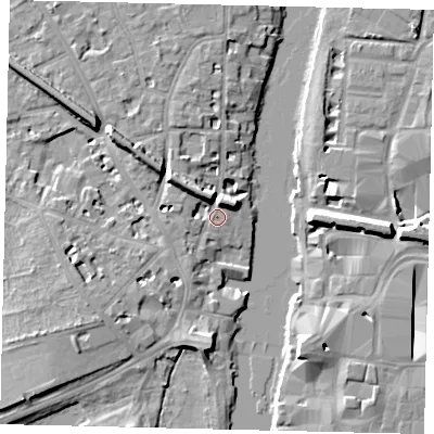 Shaded relief map of the ground around KT14ER, computed from Environment Agency LiDAR. The ground here sits at about 7 m above sea level and falls 10 m across the surrounding 800 m. Surface water reaching this point runs off ground lying to the north-west, 5.7 m higher.