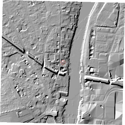 Shaded relief map of the ground around KT14EU, computed from Environment Agency LiDAR. The ground here sits at about 7 m above sea level and falls 10 m across the surrounding 800 m. Surface water reaching this point runs off ground lying to the north-north-west, 3.6 m higher.