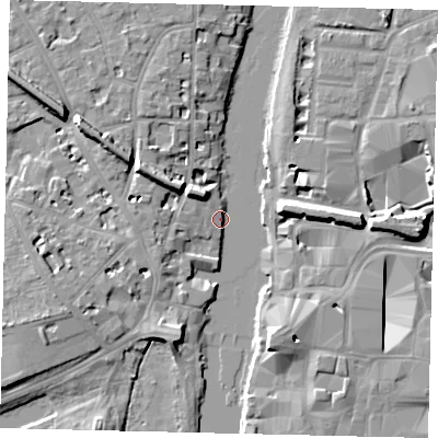 Shaded relief map of the ground around KT14EW, computed from Environment Agency LiDAR. The ground here sits at about 6 m above sea level and falls 10 m across the surrounding 800 m. Surface water reaching this point runs off ground lying to the north-west, 7.3 m higher.