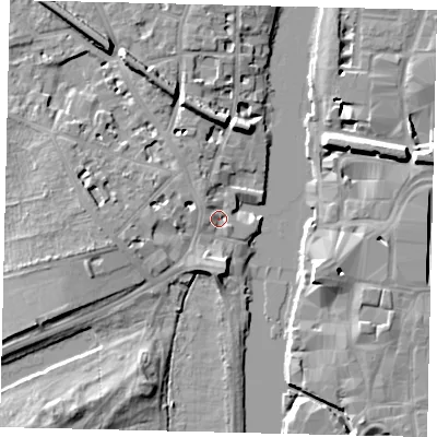 Shaded relief map of the ground around KT14FU, computed from Environment Agency LiDAR. The ground here sits at about 7 m above sea level and falls 10 m across the surrounding 800 m. Surface water reaching this point runs off ground lying to the north-west, 2.2 m higher.