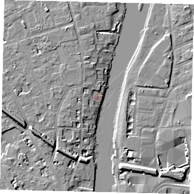 Shaded relief map of the ground around KT14HE, computed from Environment Agency LiDAR. The ground here sits at about 7 m above sea level and falls 9 m across the surrounding 800 m. Surface water reaching this point runs off ground lying to the north-west, 3.8 m higher.