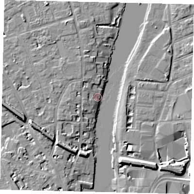 Shaded relief map of the ground around KT14HH, computed from Environment Agency LiDAR. The ground here sits at about 7 m above sea level and falls 9 m across the surrounding 800 m. Surface water reaching this point runs off ground lying to the south-west, 8.3 m higher.
