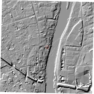 Shaded relief map of the ground around KT14HJ, computed from Environment Agency LiDAR. The ground here sits at about 8 m above sea level and falls 9 m across the surrounding 800 m. Surface water reaching this point runs off ground lying to the west-north-west, 3.0 m higher.