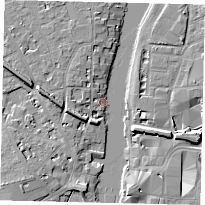 Shaded relief map of the ground around KT14JB, computed from Environment Agency LiDAR. The ground here sits at about 6 m above sea level and falls 10 m across the surrounding 800 m. Surface water reaching this point runs off ground lying to the west-south-west, 8.3 m higher.