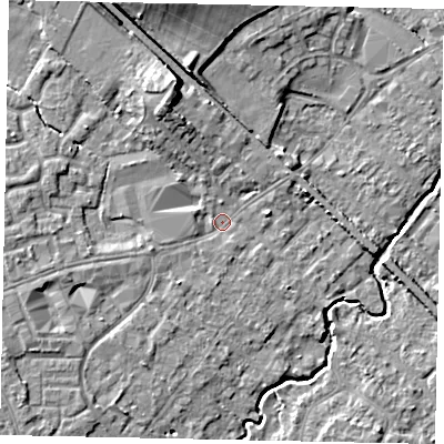 Shaded relief map of the ground around KT152AT, computed from Environment Agency LiDAR. The ground here sits at about 14 m above sea level and falls 10 m across the surrounding 800 m. Surface water reaching this point runs off ground lying to the north-north-west, 6.7 m higher.