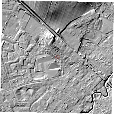 Shaded relief map of the ground around KT152AX, computed from Environment Agency LiDAR. The ground here sits at about 15 m above sea level and falls 15 m across the surrounding 800 m. Surface water reaching this point runs off ground lying to the north, 6.3 m higher.