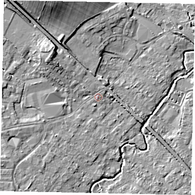 Shaded relief map of the ground around KT152BD, computed from Environment Agency LiDAR. The ground here sits at about 15 m above sea level and falls 13 m across the surrounding 800 m. Surface water reaching this point runs off ground lying to the north-north-west, 1.5 m higher.