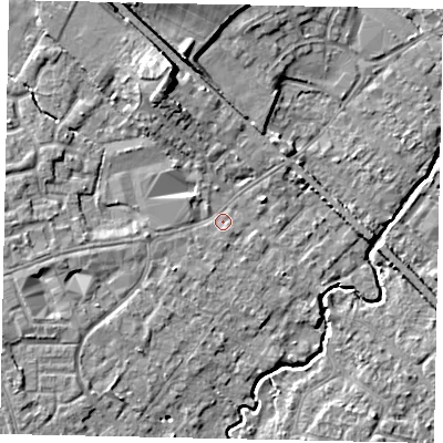 Shaded relief map of the ground around KT152BE, computed from Environment Agency LiDAR. The ground here sits at about 14 m above sea level and falls 10 m across the surrounding 800 m. Surface water reaching this point runs off ground lying to the north-north-west, 6.7 m higher.