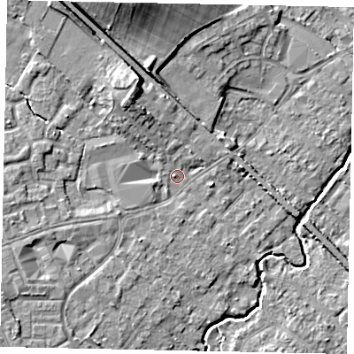 Shaded relief map of the ground around KT152BP, computed from Environment Agency LiDAR. The ground here sits at about 14 m above sea level and falls 12 m across the surrounding 800 m. Surface water reaching this point runs off ground lying to the north-north-west, 6.7 m higher.