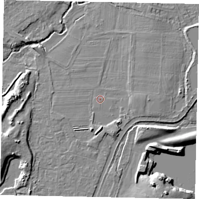 Shaded relief map of the ground around KT152BU, computed from Environment Agency LiDAR. The ground here sits at about 15 m above sea level and falls 9 m across the surrounding 800 m. Surface water reaching this point runs off ground lying to the south, 4.0 m higher.