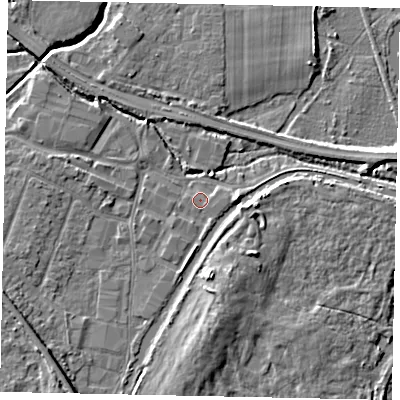 Shaded relief map of the ground around KT152BW, computed from Environment Agency LiDAR. The ground here sits at about 13 m above sea level and falls 6 m across the surrounding 800 m. Surface water reaching this point runs off ground lying to the east-north-east, 0.8 m higher.