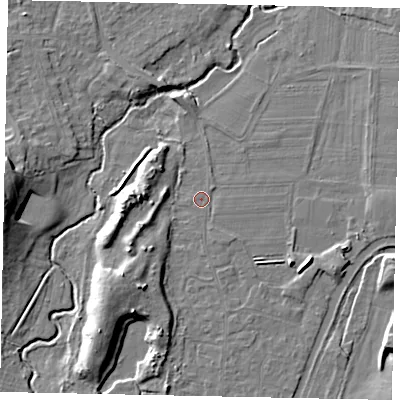Shaded relief map of the ground around KT152BZ, computed from Environment Agency LiDAR. The ground here sits at about 15 m above sea level and falls 12 m across the surrounding 800 m. Surface water reaching this point runs off ground lying to the south-south-east, 1.1 m higher.