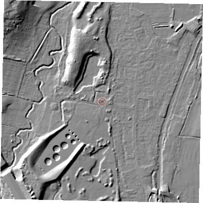 Shaded relief map of the ground around KT152DW, computed from Environment Agency LiDAR. The ground here sits at about 16 m above sea level and falls 14 m across the surrounding 800 m. Surface water reaching this point runs off ground lying to the north-north-west, 7.3 m higher.