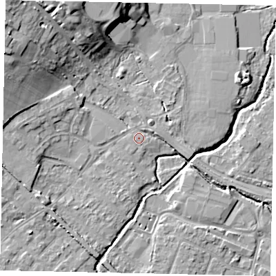 Shaded relief map of the ground around KT152FB, computed from Environment Agency LiDAR. The ground here sits at about 13 m above sea level and falls 15 m across the surrounding 800 m. Surface water reaching this point runs off ground lying to the north-west, 12.0 m higher.