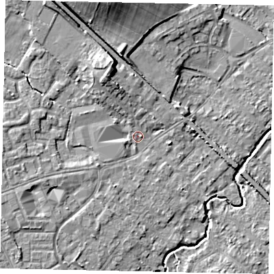 Shaded relief map of the ground around KT152FH, computed from Environment Agency LiDAR. The ground here sits at about 14 m above sea level and falls 12 m across the surrounding 800 m. Surface water reaching this point runs off ground lying to the north-north-west, 6.7 m higher.