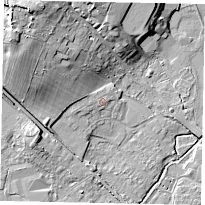 Shaded relief map of the ground around KT152FP, computed from Environment Agency LiDAR. The ground here sits at about 15 m above sea level and falls 19 m across the surrounding 800 m. Surface water reaching this point runs off ground lying to the west, 1.0 m higher.
