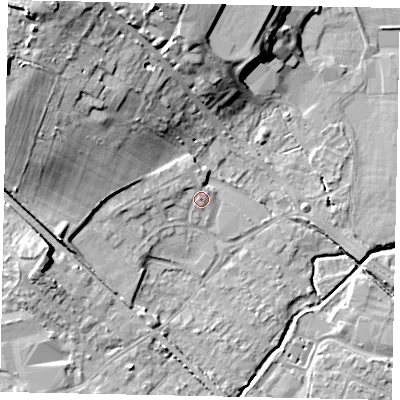 Shaded relief map of the ground around KT152FX, computed from Environment Agency LiDAR. The ground here sits at about 14 m above sea level and falls 20 m across the surrounding 800 m. Surface water reaching this point runs off ground lying to the west, 1.6 m higher.