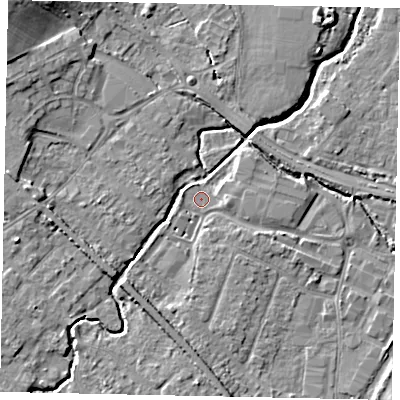 Shaded relief map of the ground around KT152HJ, computed from Environment Agency LiDAR. The ground here sits at about 13 m above sea level and falls 9 m across the surrounding 800 m. Surface water reaching this point runs off ground lying to the east, 2.4 m higher.