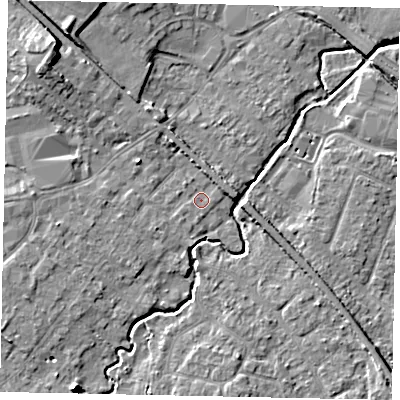 Shaded relief map of the ground around KT152HP, computed from Environment Agency LiDAR. The ground here sits at about 14 m above sea level and falls 10 m across the surrounding 800 m. Surface water reaching this point runs off ground lying to the north-west, 6.7 m higher.