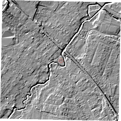 Shaded relief map of the ground around KT152HR, computed from Environment Agency LiDAR. The ground here sits at about 13 m above sea level and falls 10 m across the surrounding 800 m. Surface water reaching this point runs off ground lying to the south-west, 6.0 m higher.