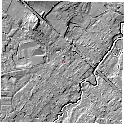 Shaded relief map of the ground around KT152HS, computed from Environment Agency LiDAR. The ground here sits at about 14 m above sea level and falls 10 m across the surrounding 800 m. Surface water reaching this point runs off ground lying to the north-north-west, 7.0 m higher.