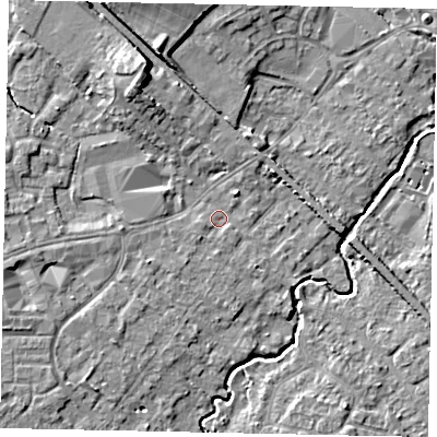 Shaded relief map of the ground around KT152HT, computed from Environment Agency LiDAR. The ground here sits at about 14 m above sea level and falls 10 m across the surrounding 800 m. Surface water reaching this point runs off ground lying to the north-north-west, 7.0 m higher.