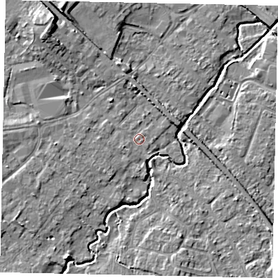 Shaded relief map of the ground around KT152HU, computed from Environment Agency LiDAR. The ground here sits at about 14 m above sea level and falls 10 m across the surrounding 800 m. Surface water reaching this point runs off ground lying to the west, 1.9 m higher.