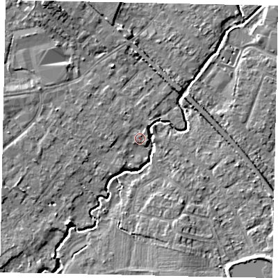 Shaded relief map of the ground around KT152HW, computed from Environment Agency LiDAR. The ground here sits at about 14 m above sea level and falls 8 m across the surrounding 800 m. Surface water reaching this point runs off ground lying to the west, 1.4 m higher.