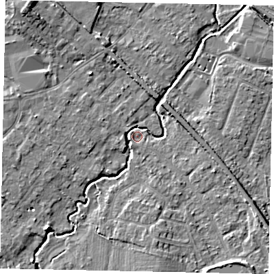 Shaded relief map of the ground around KT152HY, computed from Environment Agency LiDAR. The ground here sits at about 13 m above sea level and falls 9 m across the surrounding 800 m. Surface water reaching this point runs off ground lying to the south-west, 5.7 m higher.
