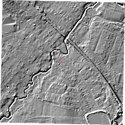 Shaded relief map of the ground around KT152HZ, computed from Environment Agency LiDAR. The ground here sits at about 14 m above sea level and falls 6 m across the surrounding 800 m. Surface water reaching this point runs off ground lying to the south-east, 3.3 m higher.