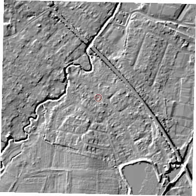 Shaded relief map of the ground around KT152JA, computed from Environment Agency LiDAR. The ground here sits at about 14 m above sea level and falls 6 m across the surrounding 800 m. Surface water reaching this point runs off ground lying to the south-east, 3.1 m higher.