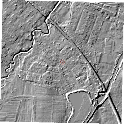 Shaded relief map of the ground around KT152JB, computed from Environment Agency LiDAR. The ground here sits at about 14 m above sea level and falls 5 m across the surrounding 800 m. Surface water reaching this point runs off ground lying to the south-east, 3.1 m higher.