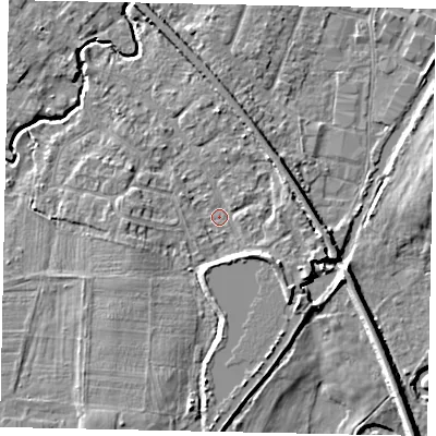 Shaded relief map of the ground around KT152JD, computed from Environment Agency LiDAR. The ground here sits at about 14 m above sea level and falls 6 m across the surrounding 800 m. Surface water reaching this point runs off ground lying to the south, 3.2 m higher.