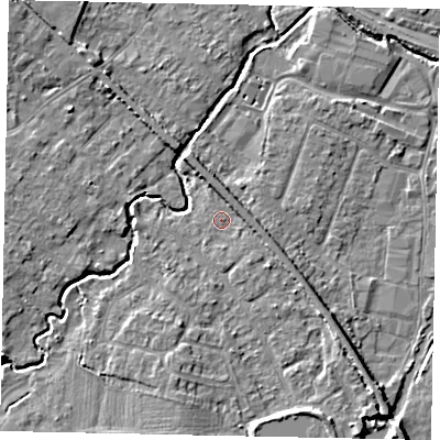 Shaded relief map of the ground around KT152JE, computed from Environment Agency LiDAR. The ground here sits at about 14 m above sea level and falls 6 m across the surrounding 800 m. Surface water reaching this point runs off ground lying to the east-south-east, 2.3 m higher.