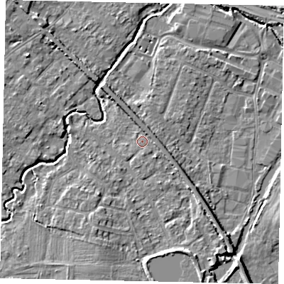 Shaded relief map of the ground around KT152JF, computed from Environment Agency LiDAR. The ground here sits at about 14 m above sea level and falls 5 m across the surrounding 800 m. Surface water reaching this point runs off ground lying to the east-south-east, 2.0 m higher.
