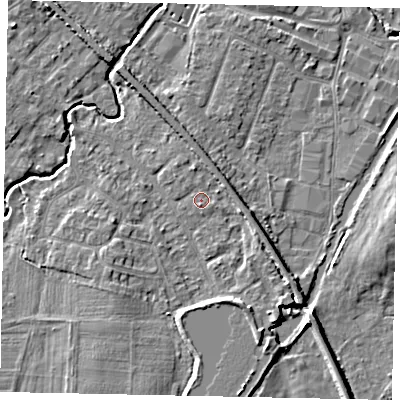 Shaded relief map of the ground around KT152JG, computed from Environment Agency LiDAR. The ground here sits at about 14 m above sea level and falls 5 m across the surrounding 800 m. Surface water reaching this point runs off ground lying to the south-east, 2.4 m higher.