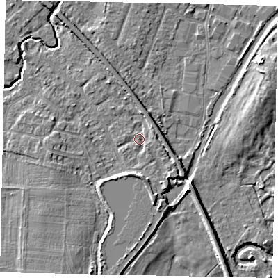 Shaded relief map of the ground around KT152JH, computed from Environment Agency LiDAR. The ground here sits at about 14 m above sea level and falls 5 m across the surrounding 800 m. Surface water reaching this point runs off ground lying to the south-east, 2.4 m higher.