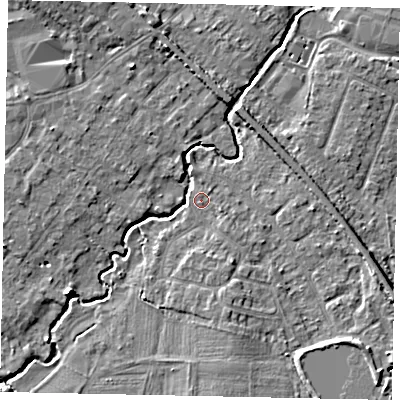Shaded relief map of the ground around KT152JJ, computed from Environment Agency LiDAR. The ground here sits at about 14 m above sea level and falls 6 m across the surrounding 800 m. Surface water reaching this point runs off ground lying to the south-east, 3.3 m higher.