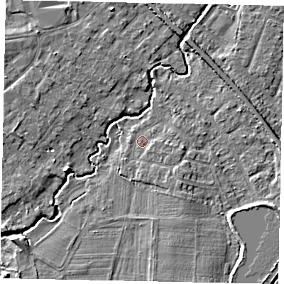 Shaded relief map of the ground around KT152JL, computed from Environment Agency LiDAR. The ground here sits at about 14 m above sea level and falls 6 m across the surrounding 800 m. Surface water reaching this point runs off ground lying to the south-east, 2.0 m higher.