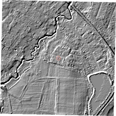 Shaded relief map of the ground around KT152JN, computed from Environment Agency LiDAR. The ground here sits at about 15 m above sea level and falls 6 m across the surrounding 800 m. Surface water reaching this point runs off ground lying to the east-south-east, 1.4 m higher.
