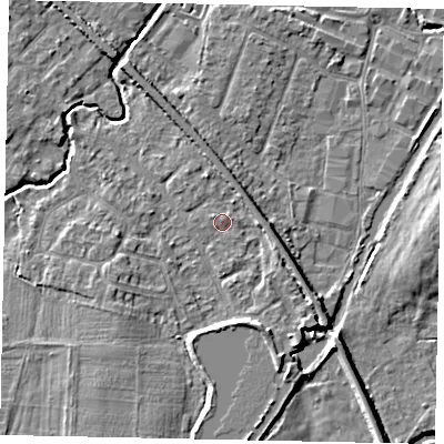 Shaded relief map of the ground around KT152JQ, computed from Environment Agency LiDAR. The ground here sits at about 14 m above sea level and falls 5 m across the surrounding 800 m. Surface water reaching this point runs off ground lying to the south-east, 2.4 m higher.