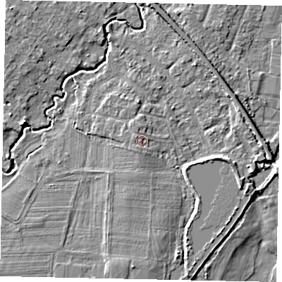 Shaded relief map of the ground around KT152JR, computed from Environment Agency LiDAR. The ground here sits at about 15 m above sea level and falls 6 m across the surrounding 800 m. Surface water reaching this point runs off ground lying to the south-south-west, 1.3 m higher.
