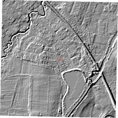 Shaded relief map of the ground around KT152JS, computed from Environment Agency LiDAR. The ground here sits at about 14 m above sea level and falls 5 m across the surrounding 800 m. Surface water reaching this point runs off ground lying to the south, 3.2 m higher.