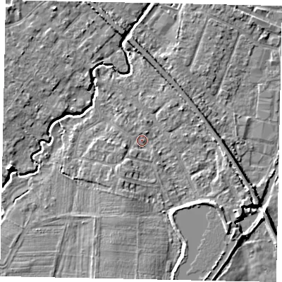 Shaded relief map of the ground around KT152JT, computed from Environment Agency LiDAR. The ground here sits at about 14 m above sea level and falls 6 m across the surrounding 800 m. Surface water reaching this point runs off ground lying to the south-east, 3.1 m higher.