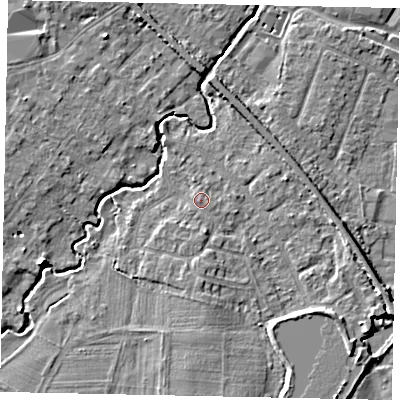 Shaded relief map of the ground around KT152JU, computed from Environment Agency LiDAR. The ground here sits at about 14 m above sea level and falls 6 m across the surrounding 800 m. Surface water reaching this point runs off ground lying to the south, 1.0 m higher.